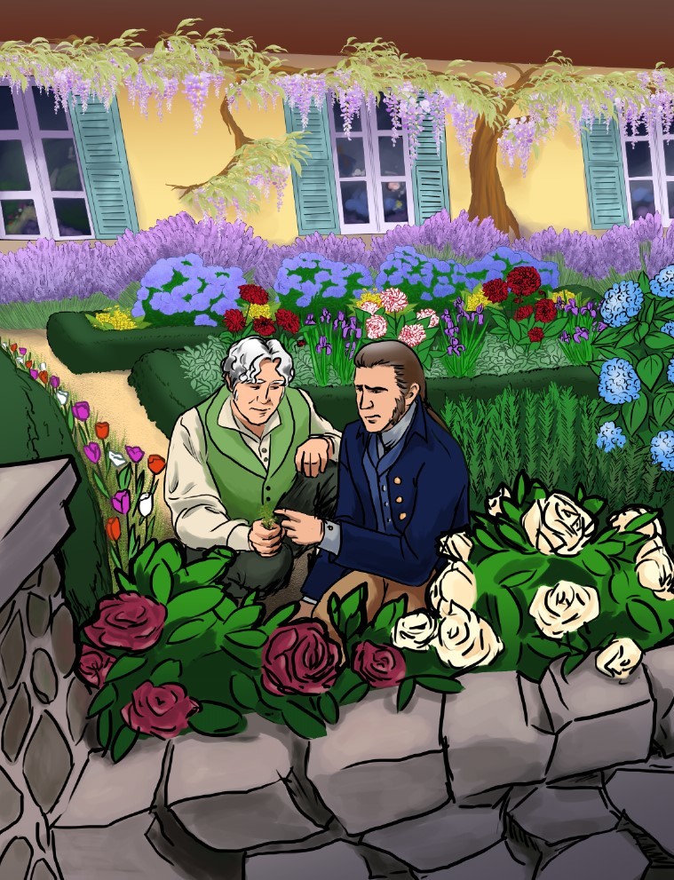 Valvert gardening color, part 2 A fully colored digital drawing of Jean Valjean and Javert gardening together in a blooming hedged garden in front of a country house and behind a rose-covered stone fence.